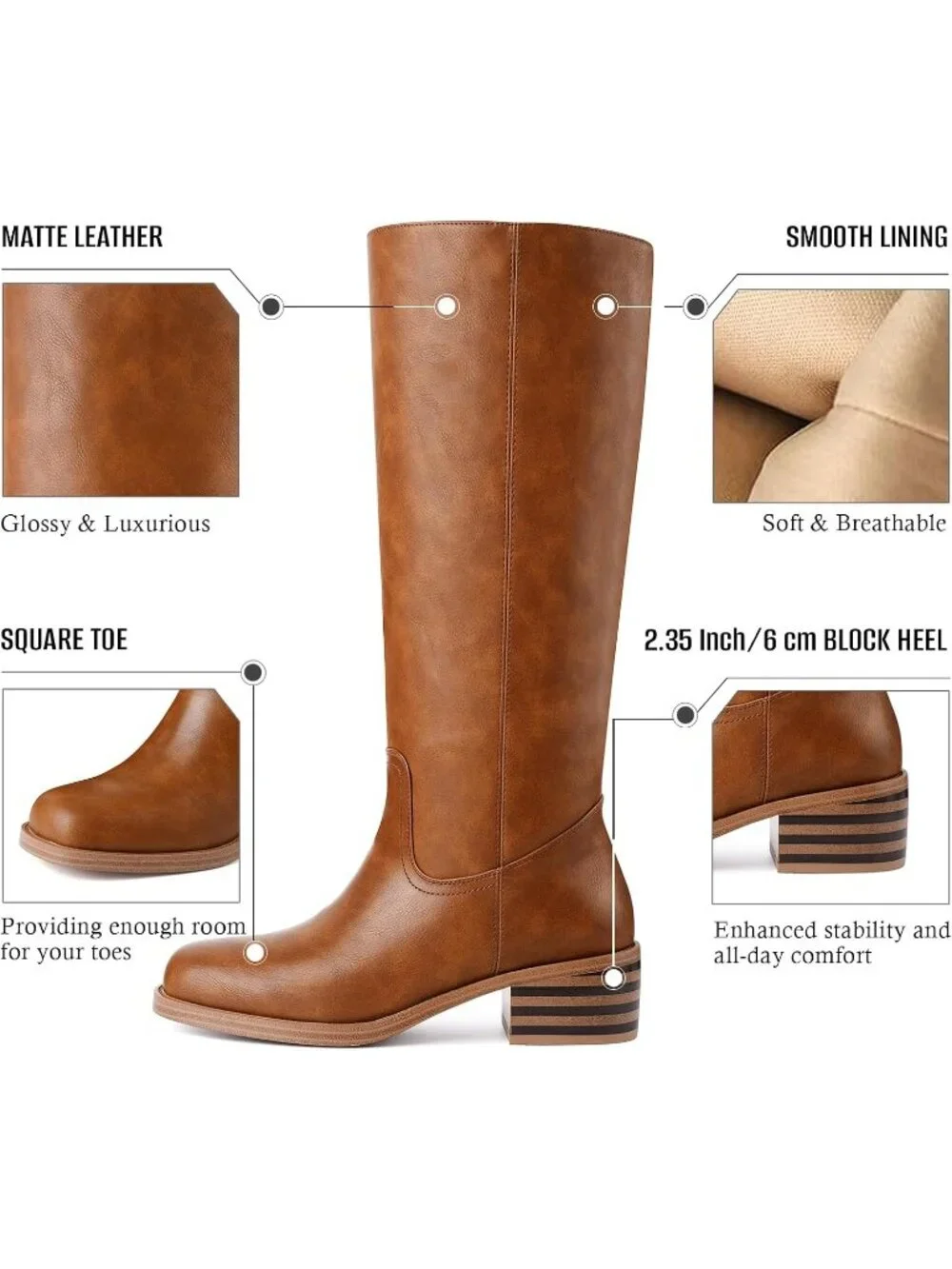 Women Saddle Brown Chunky Block Heel Square Toe Going Out Knee High Riding Boots